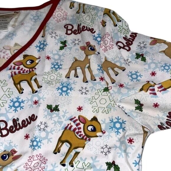 Rudolph The Red-Nosed Reindeer Womens XS V-Neck Holiday Scrub Top Snowflake & Be - Picture 3 of 6